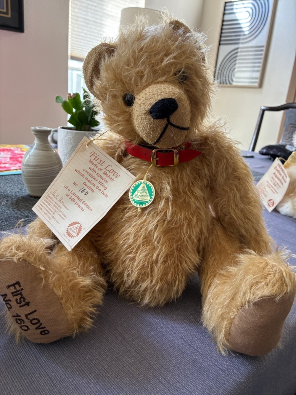 Hermann Lange Golden Brown Mohair Teddy with Red Collar